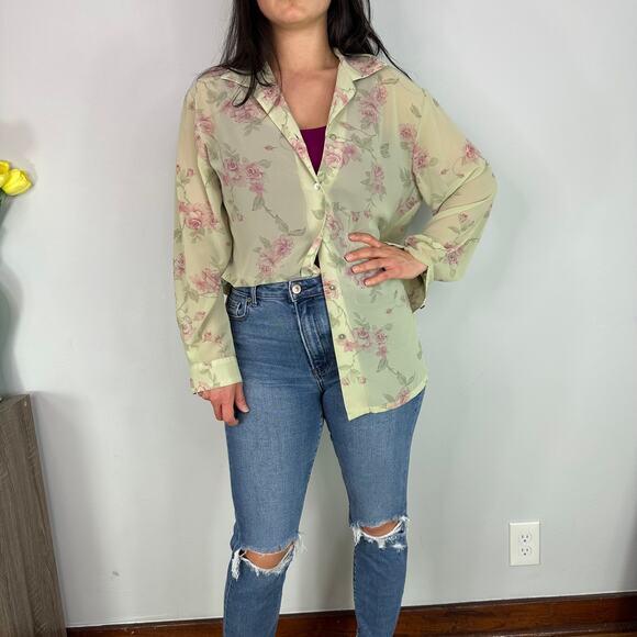 Rena Rowan Green Sheer Button Down Floral Blouse - Picture 2 of 7